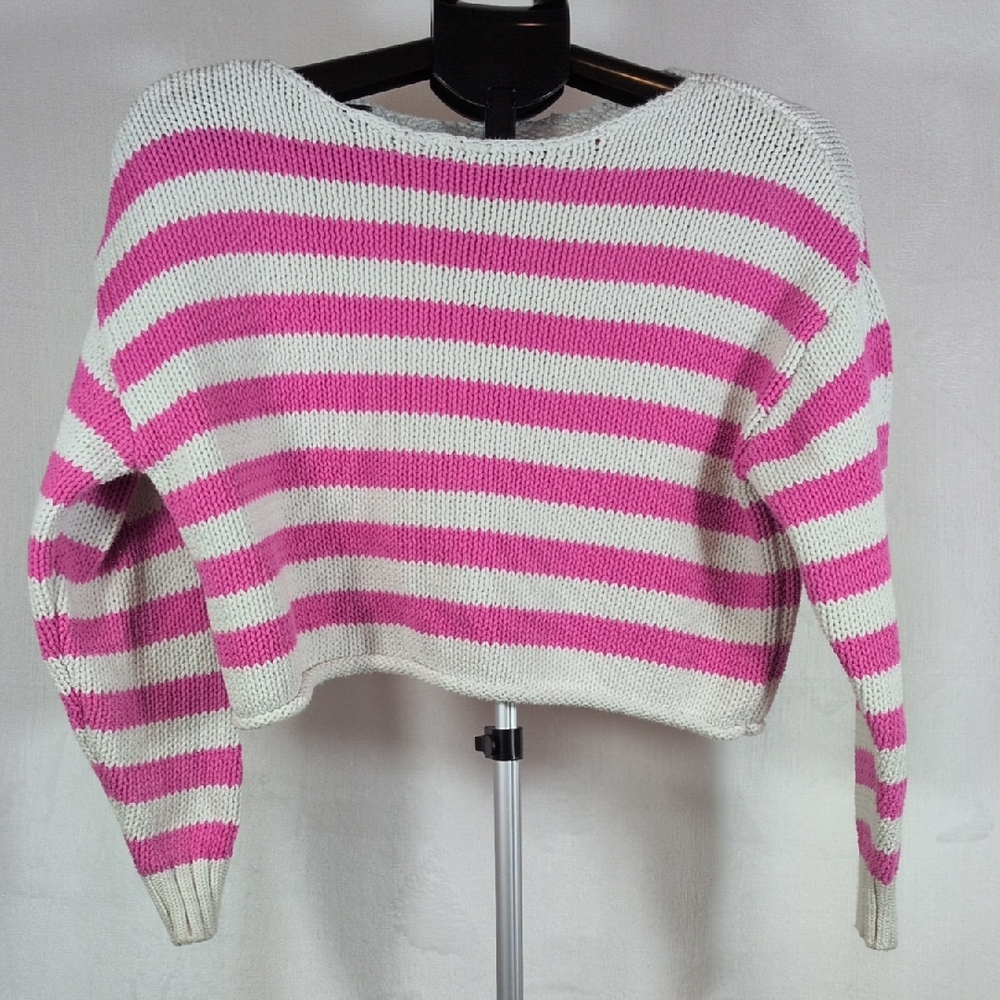 Aerie Striped Oversized Crop Sweater - Pink & White